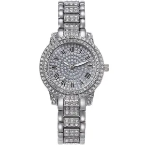 Women rhinestone quartz watch silver full diamond wristwatch with Roman numerals dial