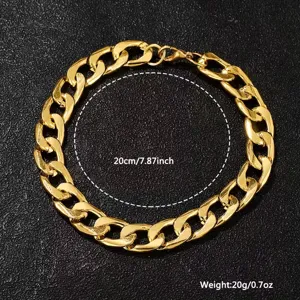 Gold Cuban link chain bracelet detail view, 20cm length and 20g weight spec display.