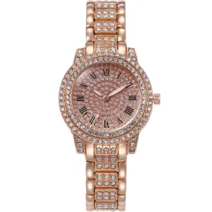 Rose Gold Women Rhinestone Quartz Watch Luxury Diamond Roman Numeral Dress Wristwatch