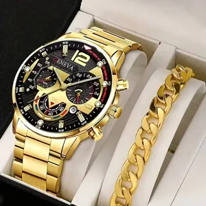 Men gold quartz watch and chunky chain bracelet set fashion business luxury wristwatch.