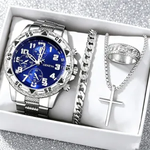 Men luxury quartz watch steel strap bracelet ring cross necklace jewelry gift set 4pcs