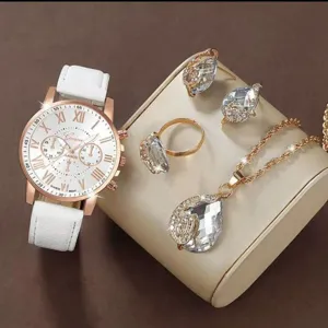 Women quartz watch white leather strap jewelry set necklace earrings ring elegant fashion