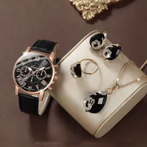 Fashion women watch jewelry set quartz watch black leather strap ring necklace earrings