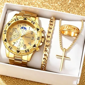 Luxury gold men watch set featuring chain bracelet, ring and cross necklace in an elegant gift box.