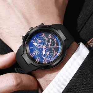 Heren groot wijzerplaat quartz horloge met zwarte siliconen band en blauwe wijzerplaat.