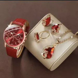 Elegant red leather strap quartz watch and matching teardrop rhinestone jewelry set.