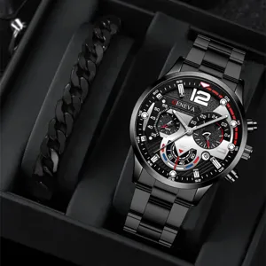 Men black quartz watch and chain bracelet set, detail shot of stylish gift box packaging.