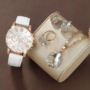 Women fashion quartz watch leather strap Geneva dial luxury jewelry gift set party