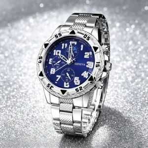 Men's stylish steel strap quartz watch with blue digital dial and textured bezel detail.