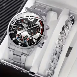Men's silver quartz watch and chain bracelet set featuring a classic round dial with chronograph design details for modern business style.