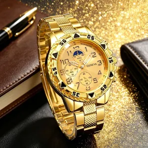 Luxury gold men's quartz watch with large digital dial and steel strap for business style.