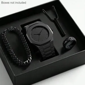 Black men quartz watch, bracelet, necklace and ring set for minimalist modern style.