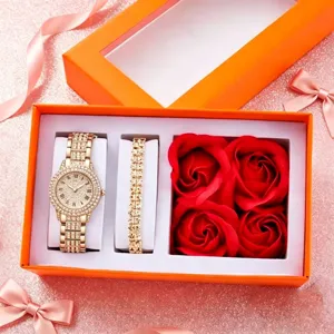 Luxury rose gold rhinestone quartz watch bracelet and artificial red rose gift box set.