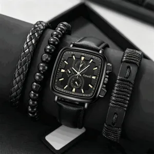 Men's Quartz Watch Square Dial Leather Strap Business Casual Wristwatch With Bracelets Set