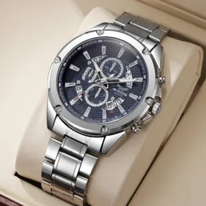 Heren quartz horloge met roestvrijstalen band, blauwe multifunctionele wijzerplaat en datum.