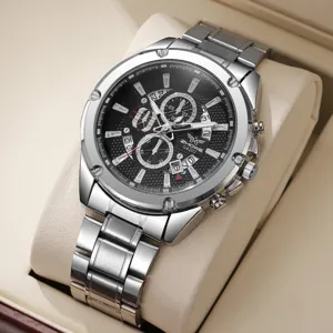 Heren Zakelijk Quartshorloge Roestvrij Staal Legering Band Multifunctionele Drie-Oog Kalender Mode Analog Horloge