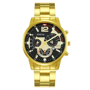 Gold men quartz watch with sleek metallic strap and bold black dial for daily wear.
