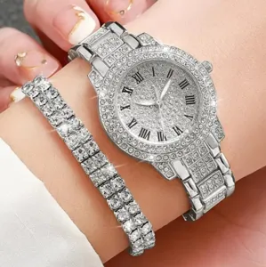 Set di orologio al quarzo con strass di lusso e bracciale tennis scintillante, argento.