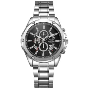 Zilveren heren quartz horloge van roestvrij staal met zwarte chronograaf wijzerplaat.
