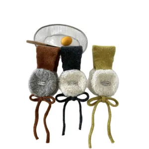 Warme Winter Lammfell Ohrenschuetzer mit suessem Schleifendesign, dicke Pluesch Ohrwaermer
