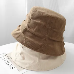 Corduroy bucket hat retro autumn winter casual warm basin hat pleated sun hat stylish design.