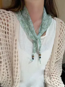 Korean floral print triangle scarf summer chic beaded neck scarf sweet stylish hair wrap