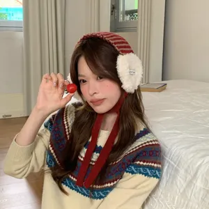 Koreanischer Stil gestreifte Strick Ohrenschuetzer Damen Herbst Winter warme Pluesch Ohrenwaermer