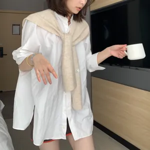 Korean style wool blend knitted shawl layered with white shirt, casual chic daily women top.