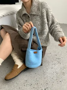 Korean style wool bucket bag autumn winter casual handbag versatile cute underarm bag for women