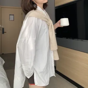 Women's wool blend knitted shawl layered with white shirt, casual air-conditioned room shoulder cover.