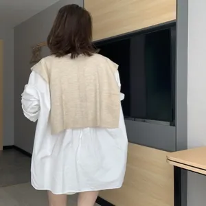 Wool blend knit shawl women layered white shirt stylish casual daily wear outerwear