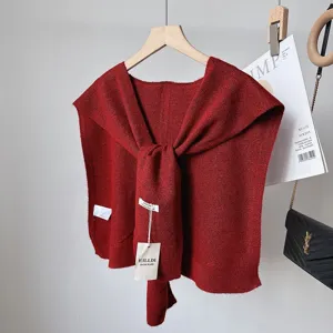Dark red knitted wool blend shawl, stylish tied front design, versatile winter outer wear.
