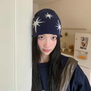 Koreaanse stijl ster patroon gebreide muts voor vrouwen, herfst winter warme beanie.