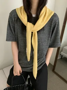 Women hollow knitted triangular scarf stylish yellow long neck wrap for autumn winter daily wear.