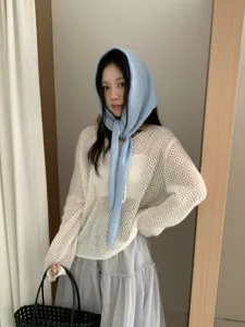 Korean style pure wool hollow out triangle scarf set for women winter warm protection.
