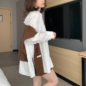 Korean style white oversized shirt with brown knitted shawl layered outfit for women casual