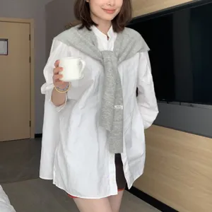 Korean style wool blend knitted shawl paired with white shirt, stylish layered outfit for women.
