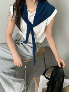 Women hollow knit scarf shawl dark blue autumn winter neck warmer stylish fashion apparel detail
