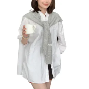 Korean style wool blend knitted shawl for women, versatile layered knot shoulder wrap.