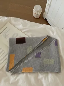 Korean style autumn winter warm knitted triangle scarf with colorful block jacquard design stylish