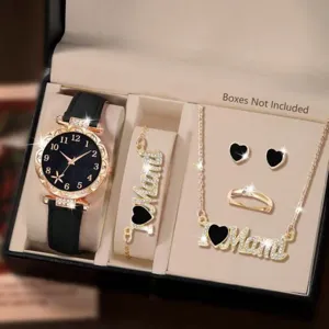 Women Quartz Watch Set Faux Leather Band Alloy Case Rhinestone Roman Numeral Dial Casual Fashion Jewelry Gift