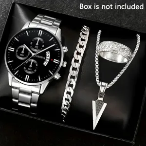 Men quartz watch bracelet ring necklace jewelry gift set fashion stainless steel accessories