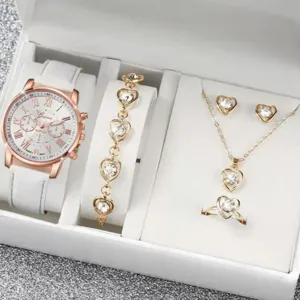 Set regalo orologio donna gioielli cinturino pelle collana bracciale anello con cuore