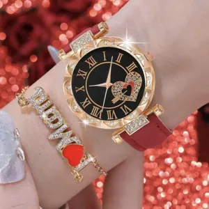 Women quartz watch with red strap black Roman numeral dial and crystal MOM bracelet jewelry.