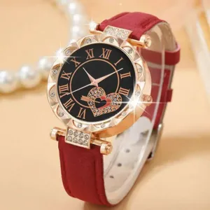 Women quartz watch burgundy leather strap rose gold rhinestone roman numerals dial chic