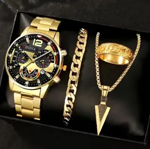 Men Quartz Watch Stainless Steel Strap Calendar Business Casual Wristwatch Fashion Accessories Gift Set
