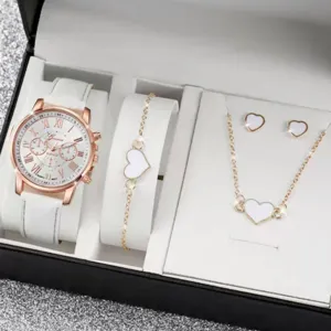 Set regalo orologio donna al quarzo con bracciale collana orecchini cuore cinturino in pelle