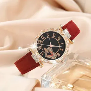 Women quartz watch with red strap black Roman numeral dial fashion jewelry chic style