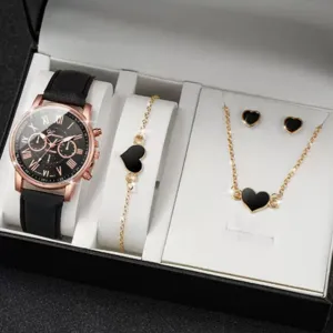 Set orologio donna con orologio al quarzo bracciale collana orecchini cuore nero elegante