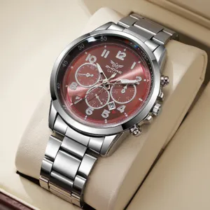 Mens Fashion Business Quartz Watch Stainless Steel Strap Multifunctional Chronograph Calendar Waterproof Wristwatch